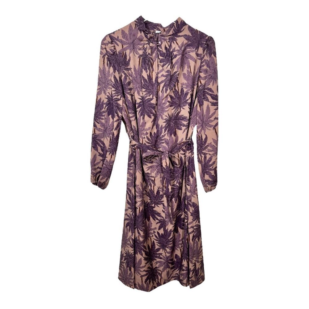 Vintage 70s Tropical Printed Midi Dress 18.5" Medium Purple Long Sleeve Prairie